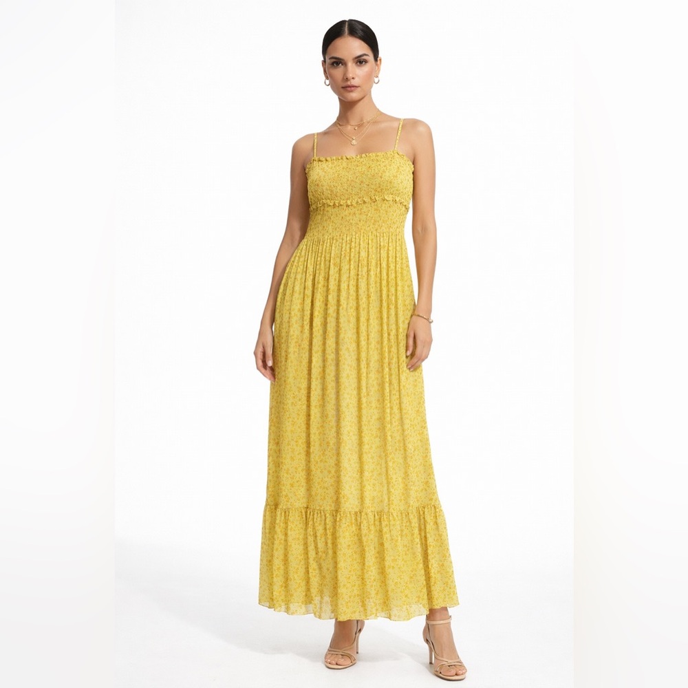 Taylor Yellow Floral Smocked Maxi Dress Spaghetti Strap NWT‎ Size 10